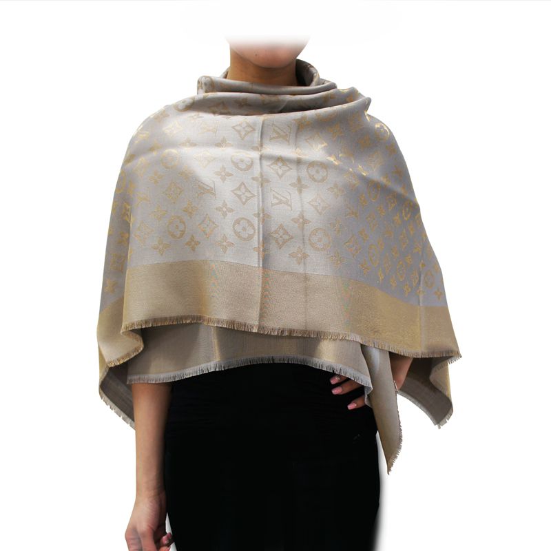 LOUIS VUITTON シルク混ショール・モノグラム ルレックス ゴールド系