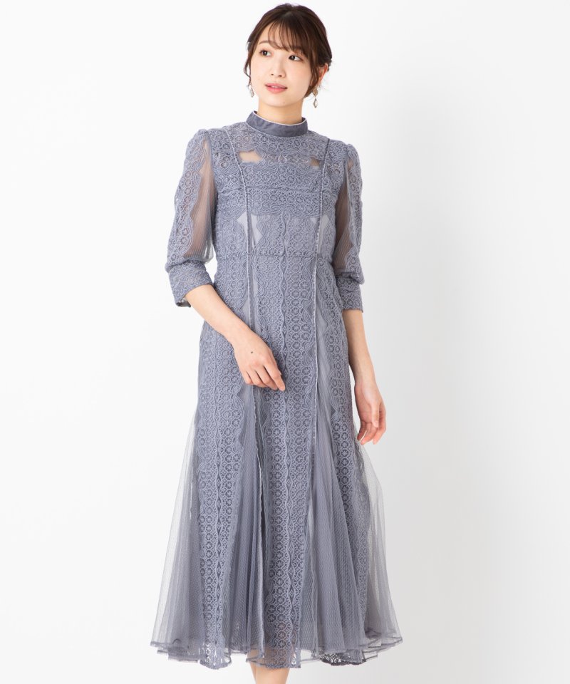 FRAY I.D フレイアイディー ベロア×チュールストライプレースドレス