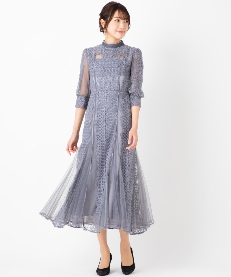 【定価43,700円】FRAY I.D チュールレースドレス FRAY I.D フレイアイディー ベロア×チュールストライプレースドレス