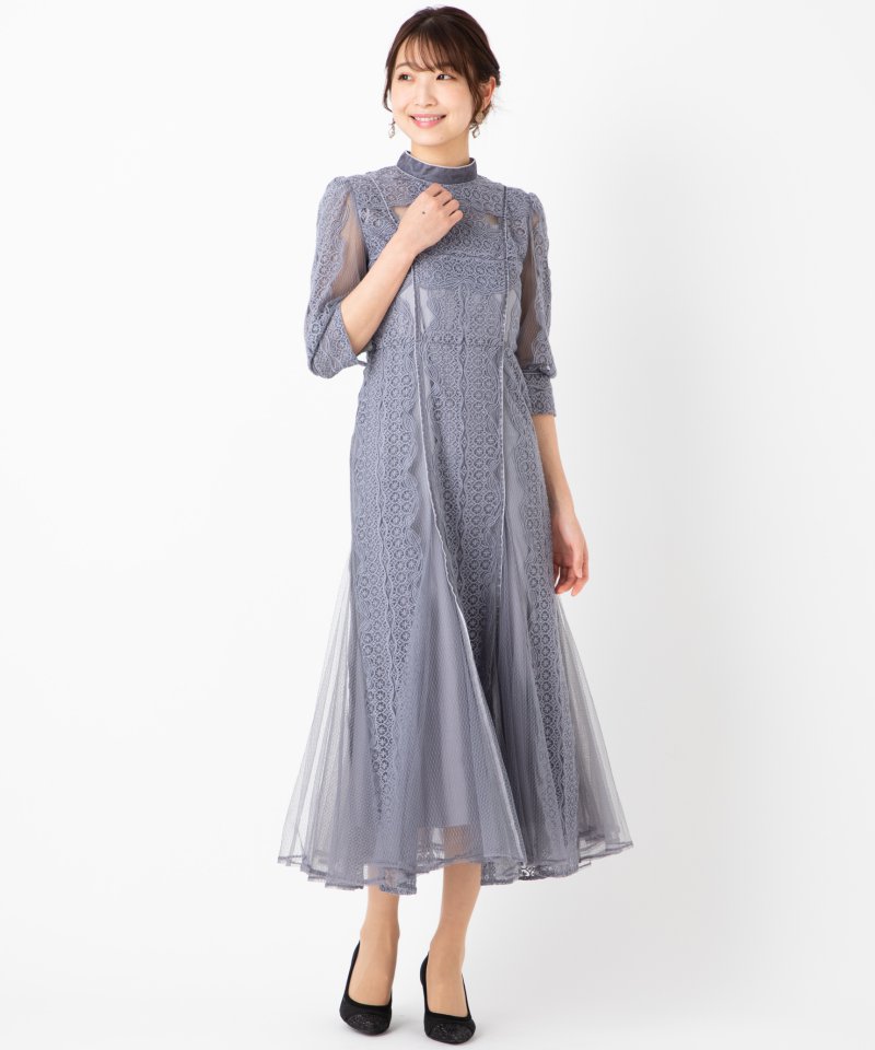 【定価43,700円】FRAY I.D チュールレースドレス FRAY I.D フレイアイディー ベロア×チュールストライプレースドレス