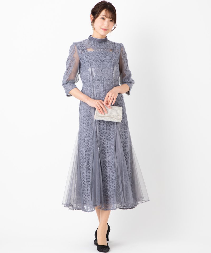 FRAY I.D フレイアイディー ベロア×チュールストライプレースドレス