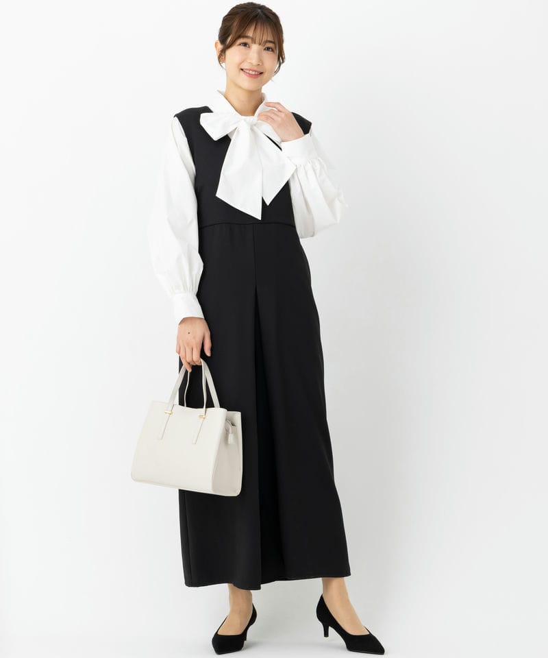 B:MING by BEAMS 　ブラック Vネック サロペット B:MING by BEAMS 【スーツ2点SET】Vネックサロペット&ボウタイブラウス