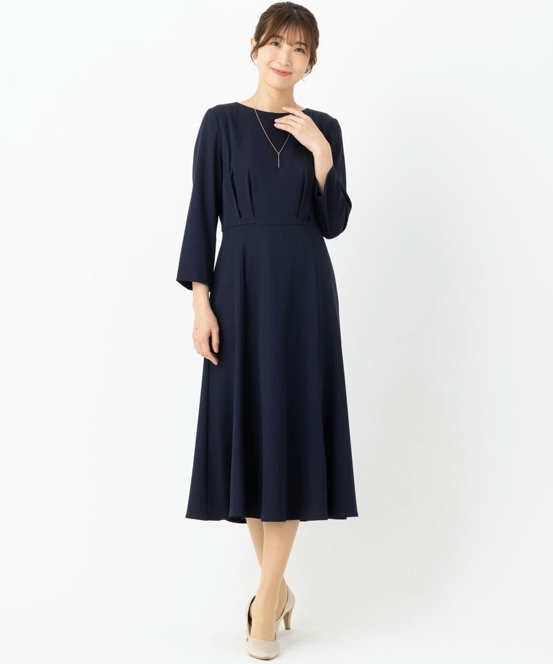 Aimer エメ ウエストタックフレア8分袖ワンピース ネイビー系 | 結婚式