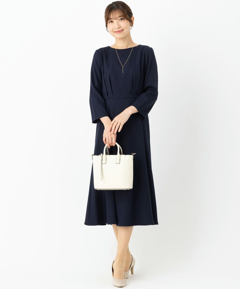 Aimer エメ ウエストタックフレア8分袖ワンピース ネイビー系 | 結婚式