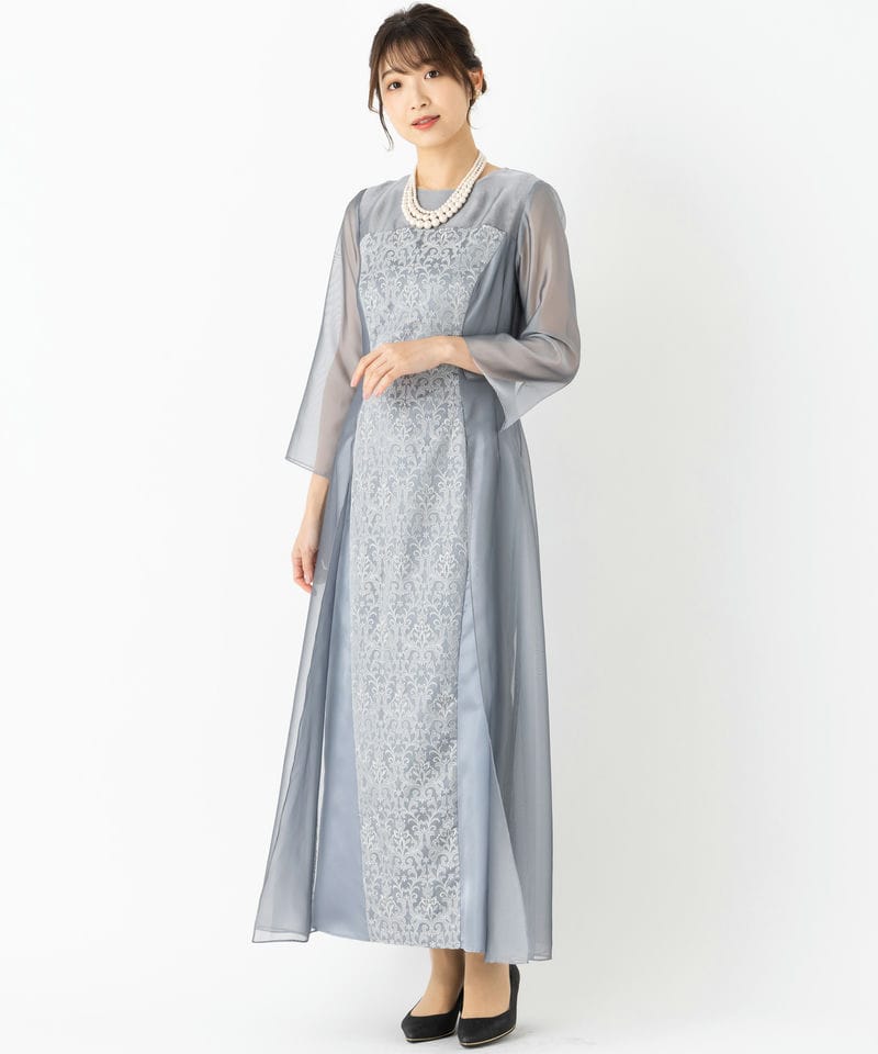 PREFERENCE プリファレンス リーフ刺繍切り替えシフォンロングドレス