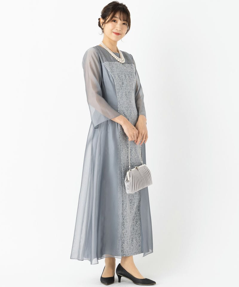PREFERENCE プリファレンス リーフ刺繍切り替えシフォンロングドレス 
