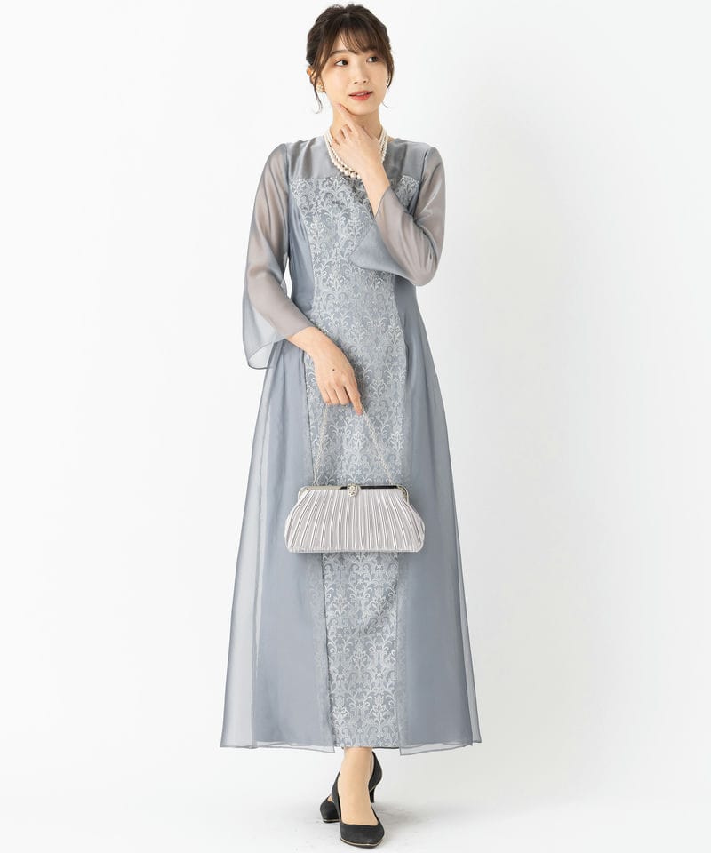 PREFERENCE プリファレンス リーフ刺繍切り替えシフォンロングドレス