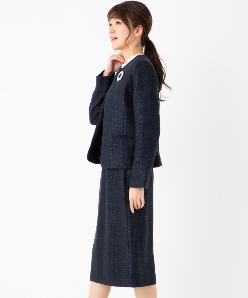 ONEIROS ノーカラージャケット スカート ３点セット L 濃紺 B:MING by BEAMS 【プレミアムスーツ3点SET】ツイードノーカラー