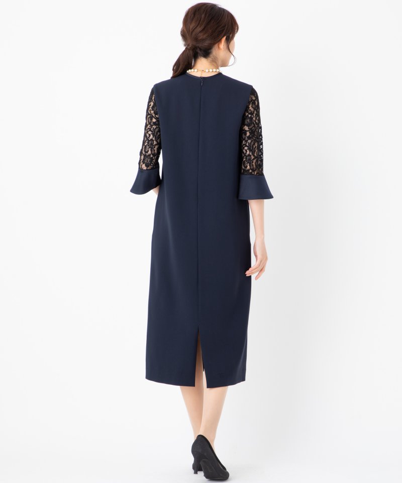 Demi-Luxe BEAMS　トリアセ レーススリーブ ワンピース　ネイビー Demi-Luxe BEAMS デミルクスビームス トリアセレーススリーブドレス