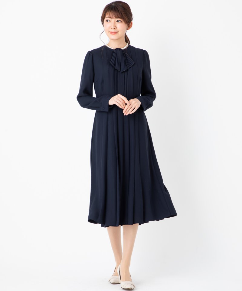 CELFORD セルフォード リボンタイ付きプリーツワンピース ネイビー系