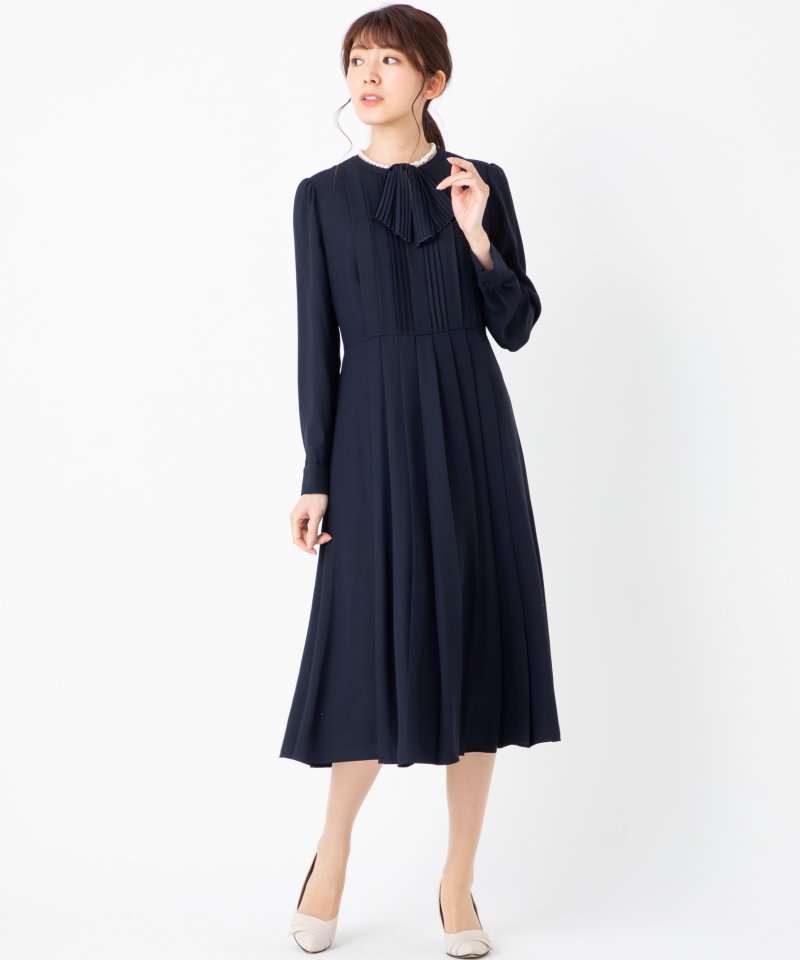 CELFORD セルフォード リボンタイ付きプリーツワンピース ネイビー系