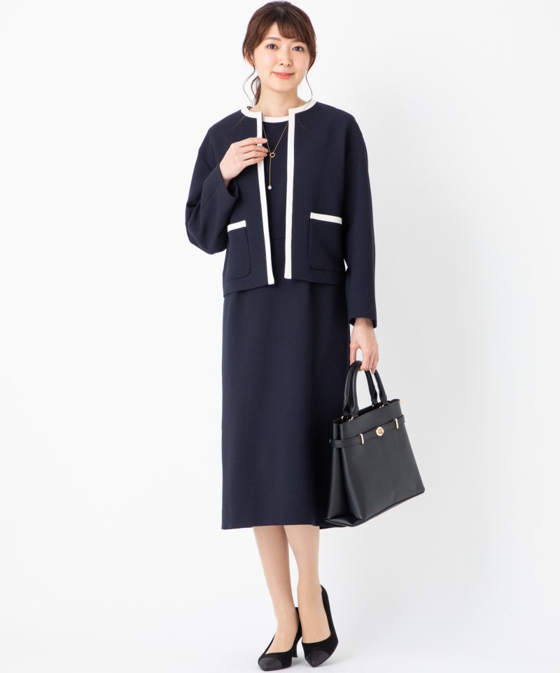 美品 DRESSTERIOR ドレステリア バイカラー ノーカラージャケット ミディワンピース セレモニースーツ アンサンブル 36 ネイビー レディース 古着 中古 USED 美品 DRESSTERIOR ドレステリア バイカラー ノーカラージャケット