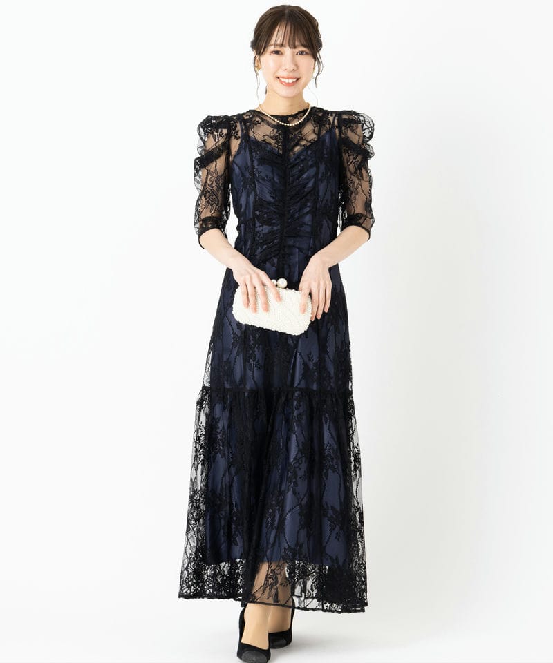 SNIDEL スナイデル パフレースドレス ブラック系 | 結婚式パーティーの