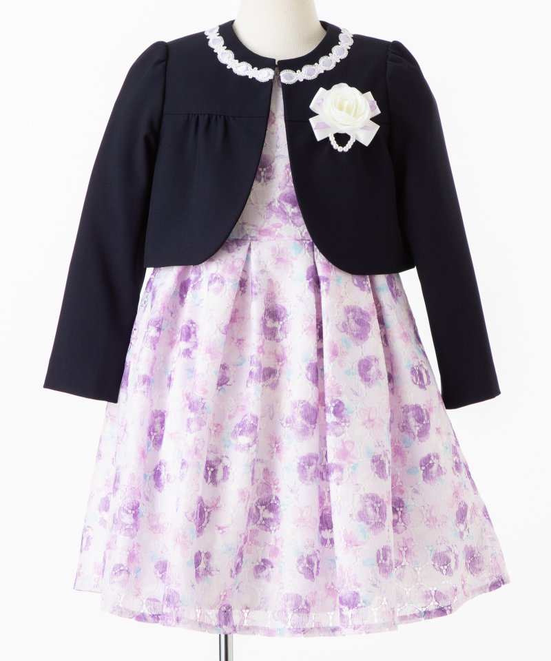 新品petit main◇プティマイン花柄ワンピース　ジャケットフォーマル120 petit main プティマイン レース衿花柄OP+JKセット 120 130cm ネイビー