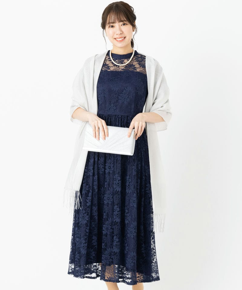 Aimer プチハイネック袖付き花柄レースフィット&フレアドレス ネイビー