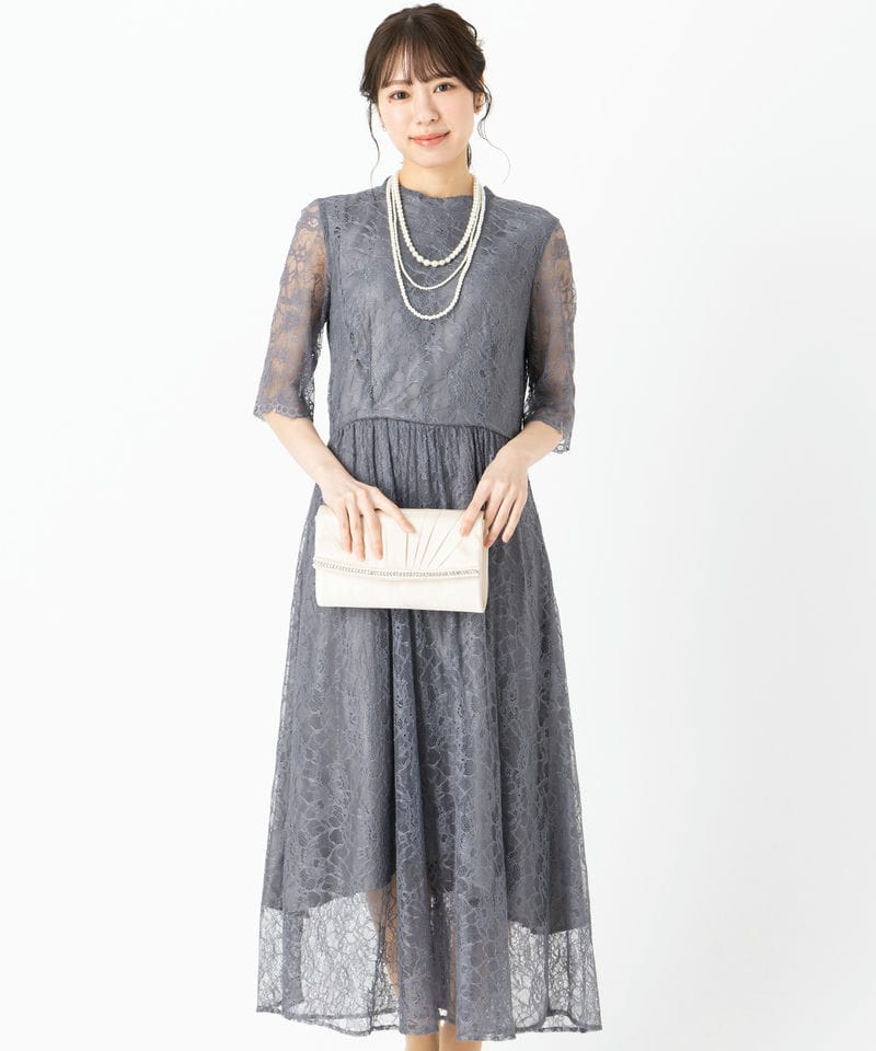 Aimer エメ チュールエンブロイダリーレースパイピングドレス グレー系