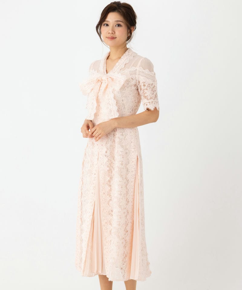 SNIDEL スナイデル プリーツ切替ボウタイレースドレス ピンク系 | 結婚