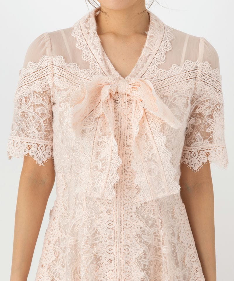 SNIDEL スナイデル プリーツ切替ボウタイレースドレス ピンク系 | 結婚