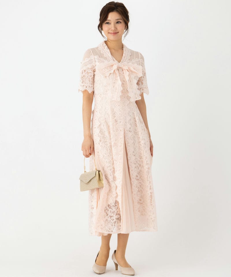 SNIDEL スナイデル プリーツ切替ボウタイレースドレス ピンク系 | 結婚