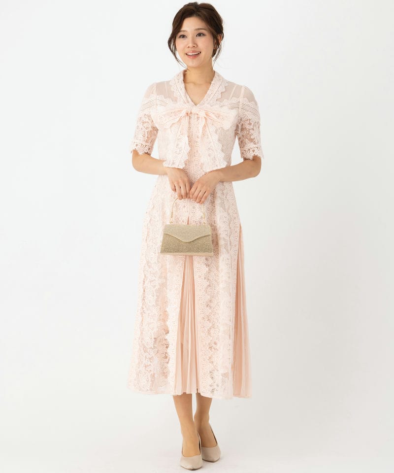 SNIDEL スナイデル プリーツ切替ボウタイレースドレス ピンク系 | 結婚 