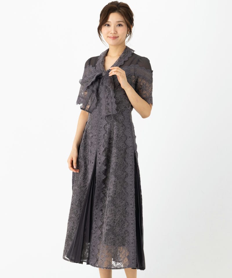 SNIDEL プリーツ切替ボウタイレースドレス SNIDEL スナイデル プリーツ切替ボウタイレースドレス グレー系 | 結婚