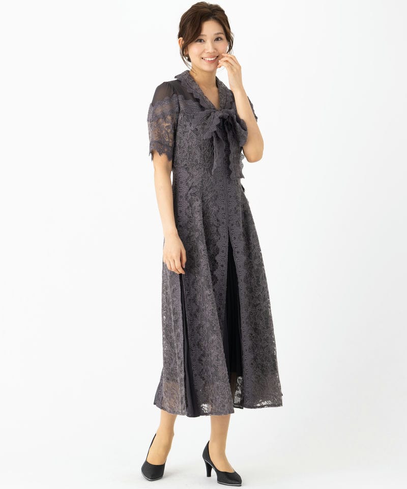 SNIDEL スナイデル プリーツ切替ボウタイレースドレス グレー系 | 結婚