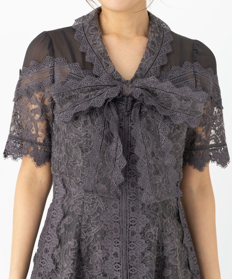 SNIDEL スナイデル プリーツ切替ボウタイレースドレス グレー系 | 結婚