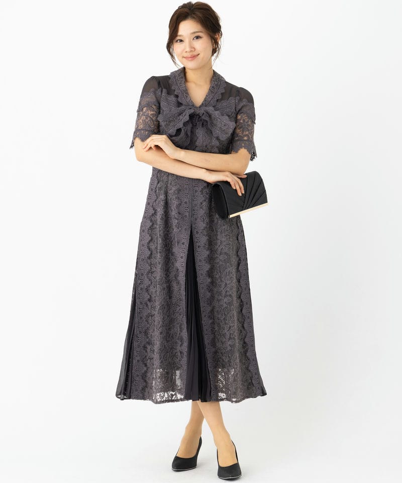 SNIDEL スナイデル プリーツ切替ボウタイレースドレス グレー系 | 結婚