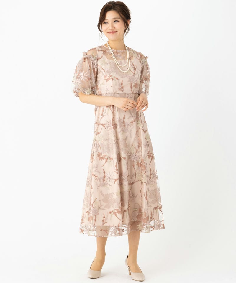 Select Shop パフスリーブエンブロイダリードレス ピンク系 x ベージュ