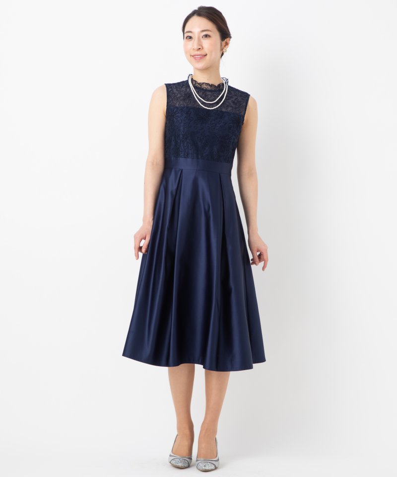 Aimer エメ ドレス 結婚式 パーティー フォーマル ワンピース 紺色 Aimer エメ リリアンテープ刺繍サテンドレス ネイビー系 | 結婚式