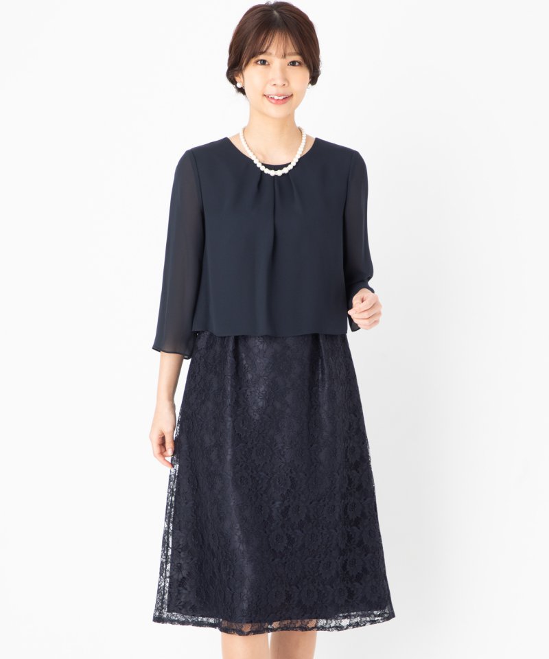 新品☆3L♪紺系♪ワンピーススーツ♪ノーカラージャケット＆ワンピースR325 ドレスプラス DRESS+ ワンピーススーツ セットアップ ノーカラー
