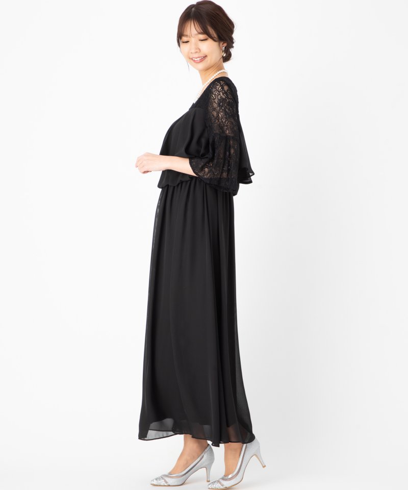 Select Shop レーススリーブ胸元フリルロングドレス ブラック系 | 結婚