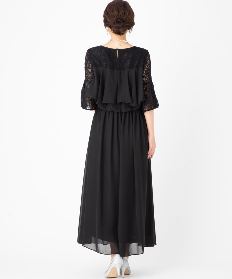 Select Shop レーススリーブ胸元フリルロングドレス ブラック系 | 結婚