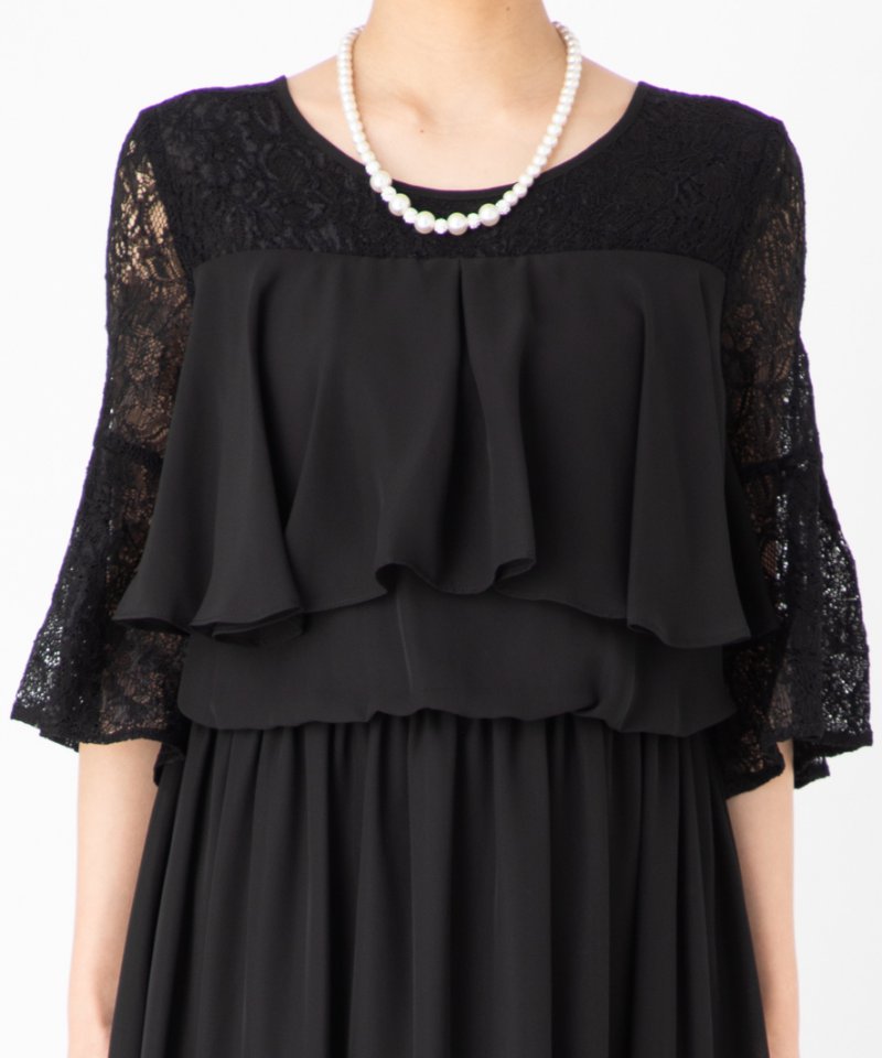 Select Shop レーススリーブ胸元フリルロングドレス ブラック系 | 結婚
