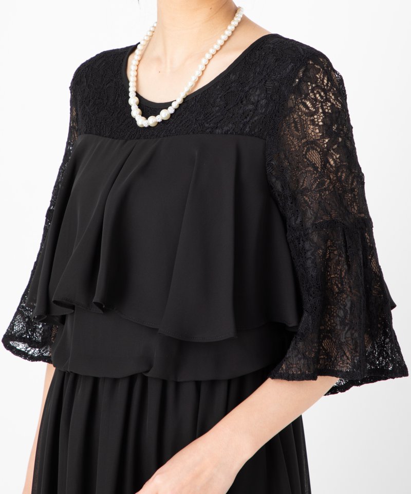 Select Shop レーススリーブ胸元フリルロングドレス ブラック系 | 結婚
