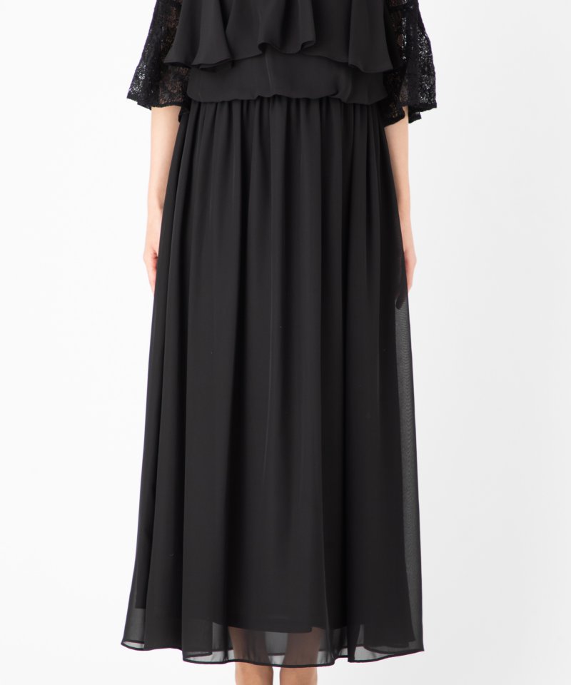 Select Shop レーススリーブ胸元フリルロングドレス ブラック系 | 結婚