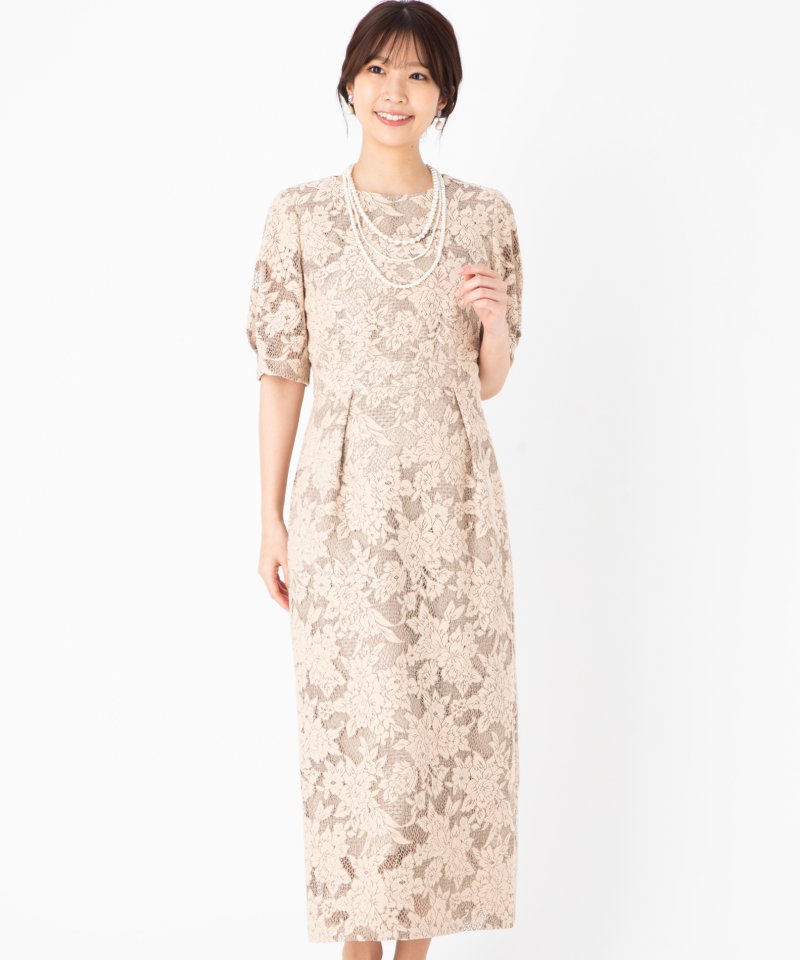 Aimer ジャカードレース袖付きタイトラインドレス ベージュ系 | 結婚式