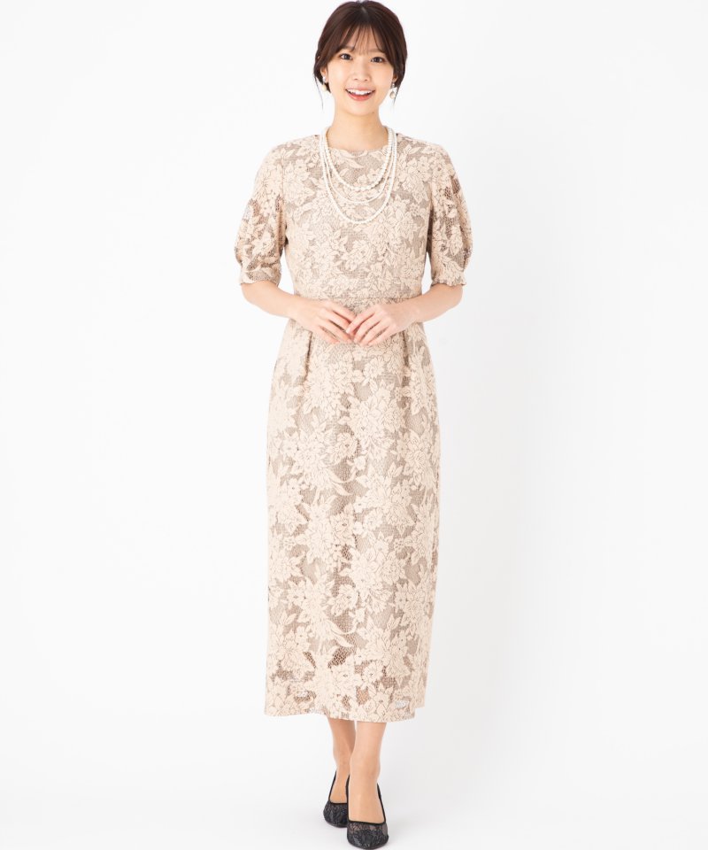 Aimer ジャカードレース袖付きタイトラインドレス ベージュ系 | 結婚式