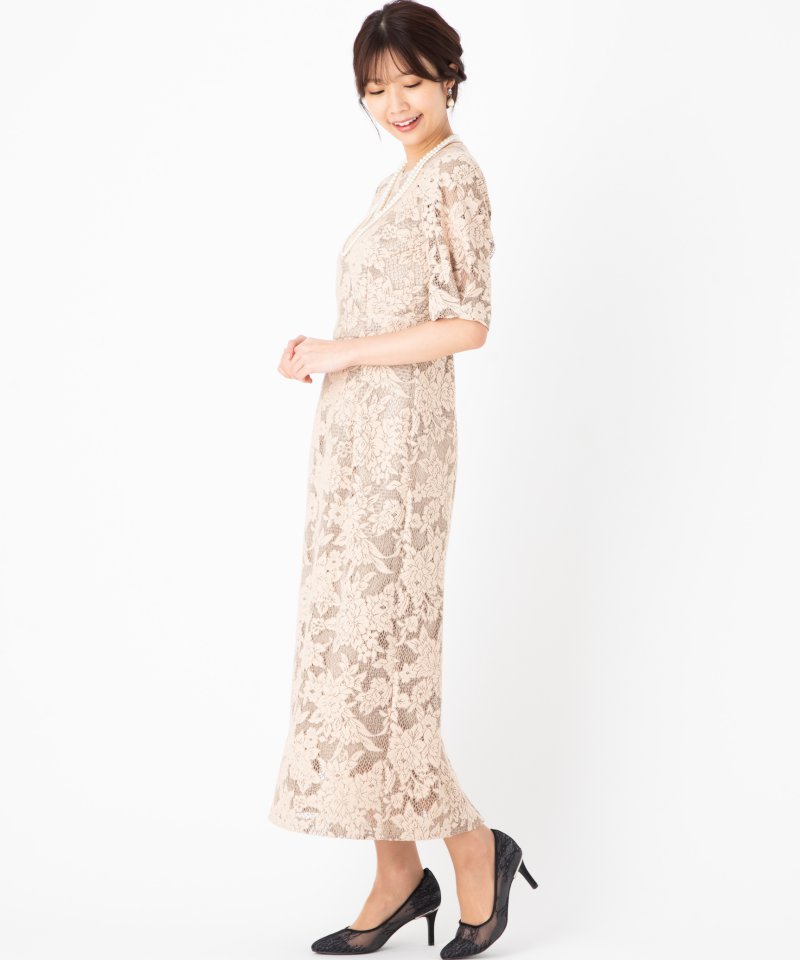 Aimer ジャカードレース袖付きタイトラインドレス ベージュ系 | 結婚式