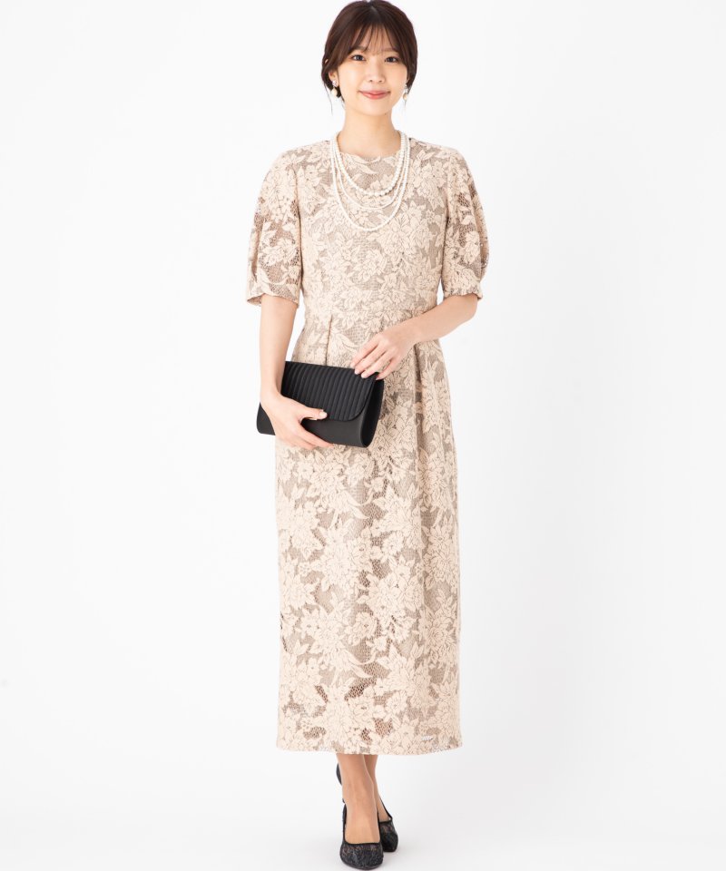 Aimer ジャカードレース袖付きタイトラインドレス ベージュ系 | 結婚式