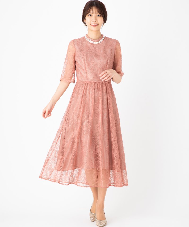 Aimer エメ ラッセルレース7分袖ロングドレス ピンク系 | 結婚式