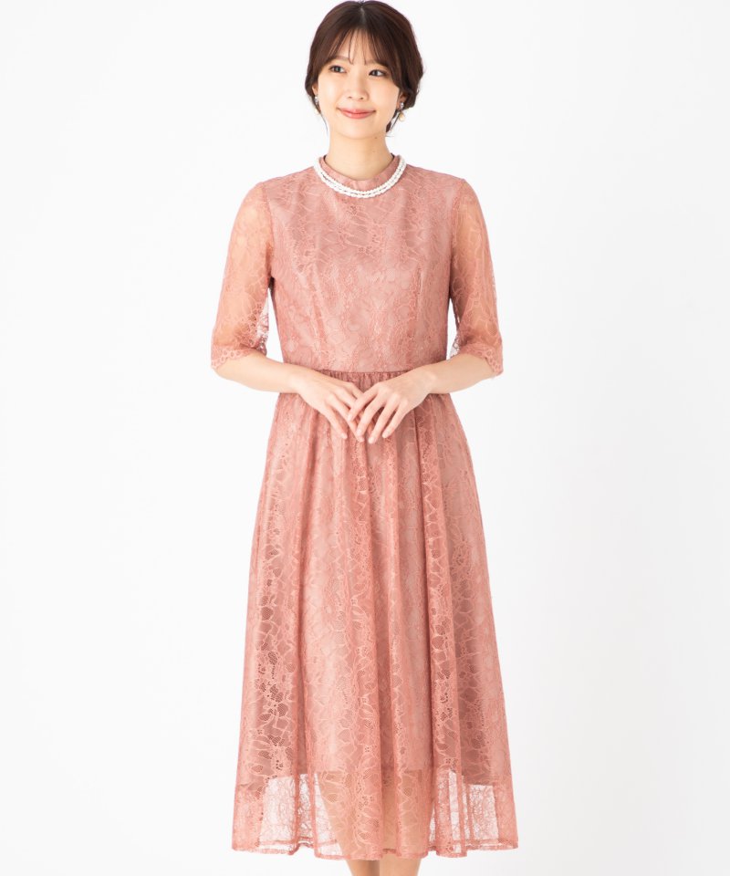Aimer 【ドレス2点Set】エメ ラッセルレース7分袖ロングドレス ピンク