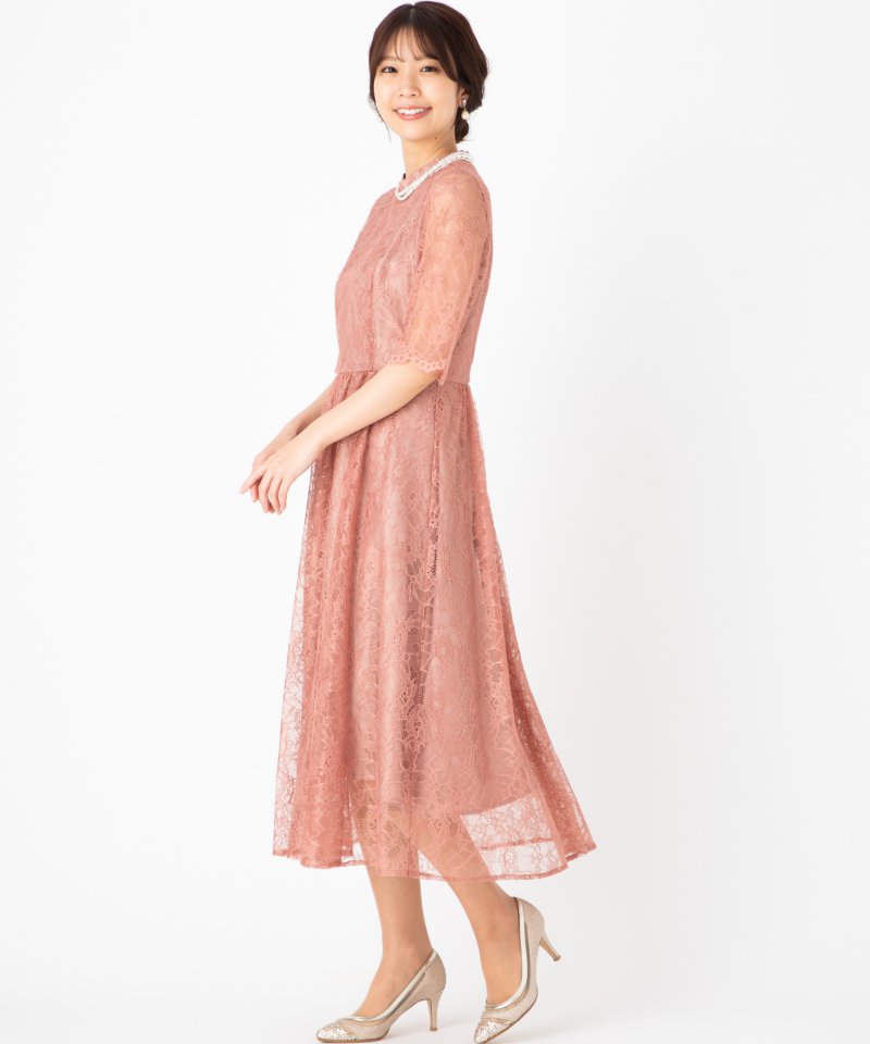 Aimer 【ドレス2点Set】エメ ラッセルレース7分袖ロングドレス ピンク