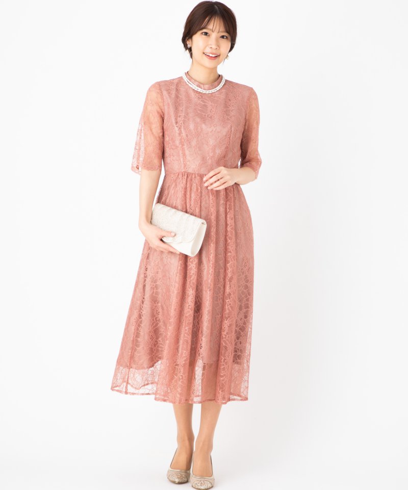Aimer 【ドレス2点Set】エメ ラッセルレース7分袖ロングドレス ピンク