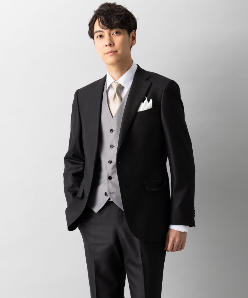 スーツセレクト ビジネススーツ ブラック　スリーピース SLIM TAPERED_2】【年間】2釦シングルスリーピーススーツ 0タック
