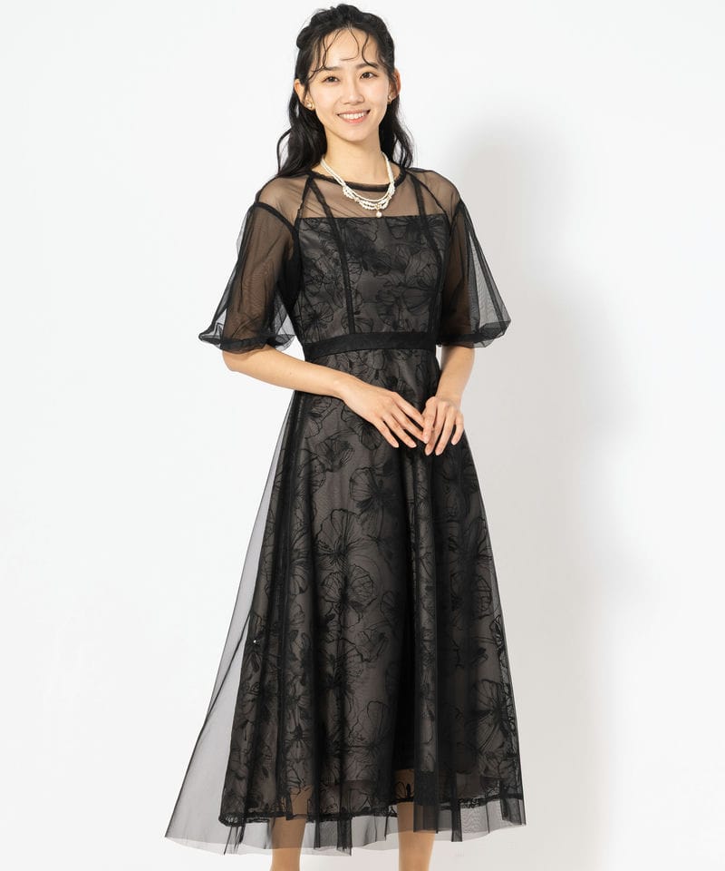 Leja 【A】レジャ チェックスパンコールリボンワンピースドレス グレー