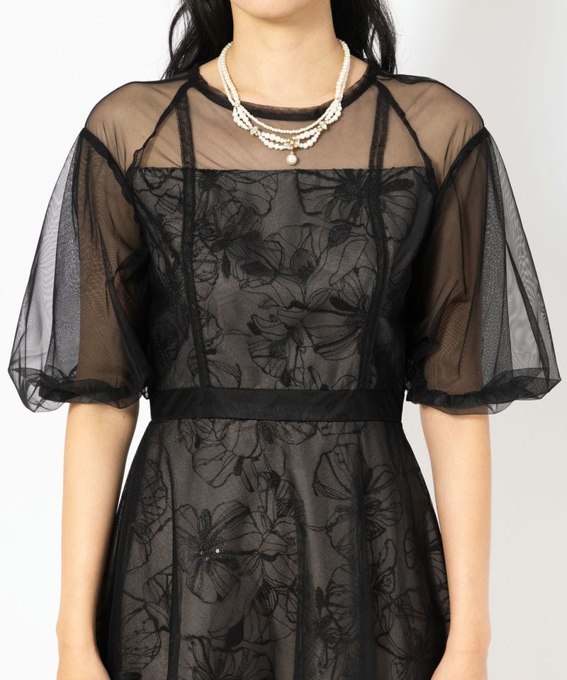 Select Shop パフスリーブチュールスパンコールドレス ブラック系