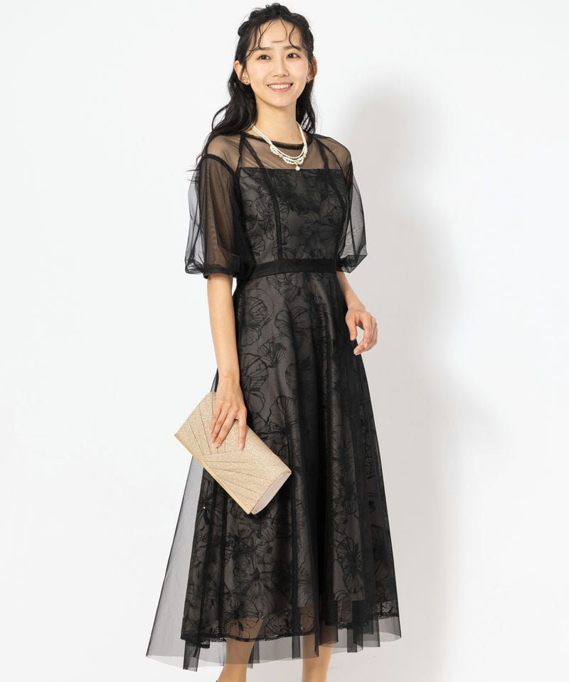 SNIDEL スナイデル デザインスリーブレースドレス ブラック系 | 結婚式