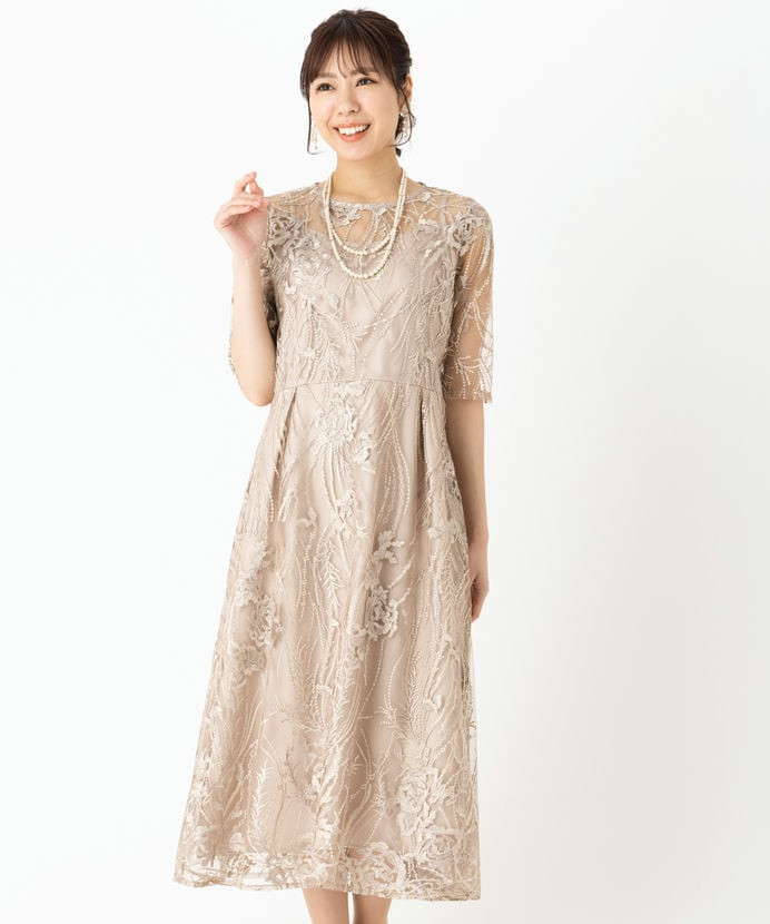 Select Shop チュール×総刺繍ドレス ベージュ系 | 結婚式パーティーの