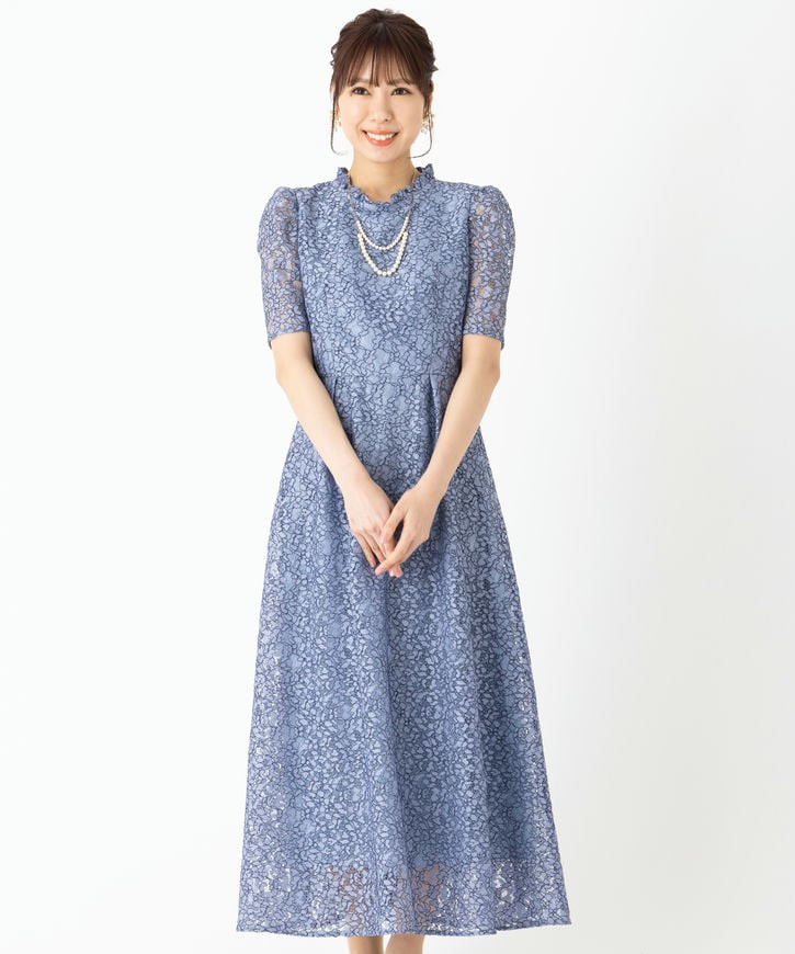【新品タグ付き】シルバーブルー花柄コードレースドレス　ワンピース SHIPS シップス コードレースドレス ブルー系 | 結婚式パーティーの